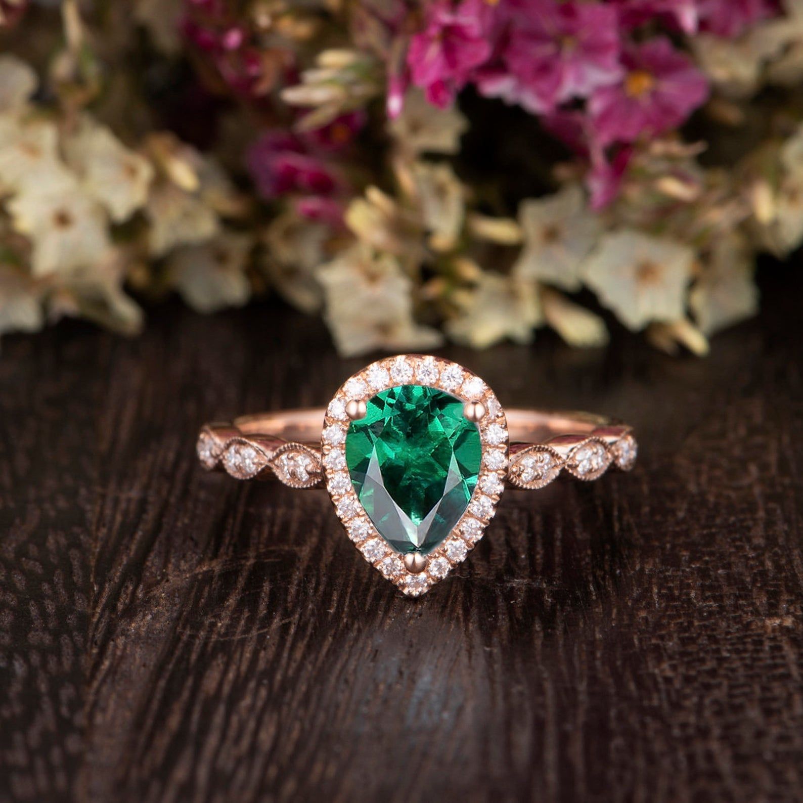 Bridal Earrings Singapore  Pear Cut Lab Grown Emerald Engagement Ring, Vintage Design