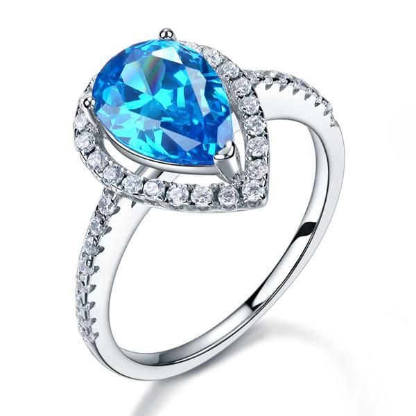 Saudi Gold Wedding Ring Price  2.00ct Blue Pear Cut Diamond Engagement Ring, Diamond Halo, 925 Silver