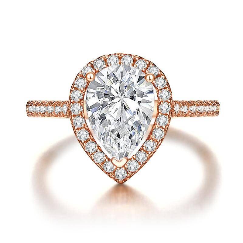 2.00ct Rose Gold Pear Diamond Halo Engagement Ring, 925 Silver