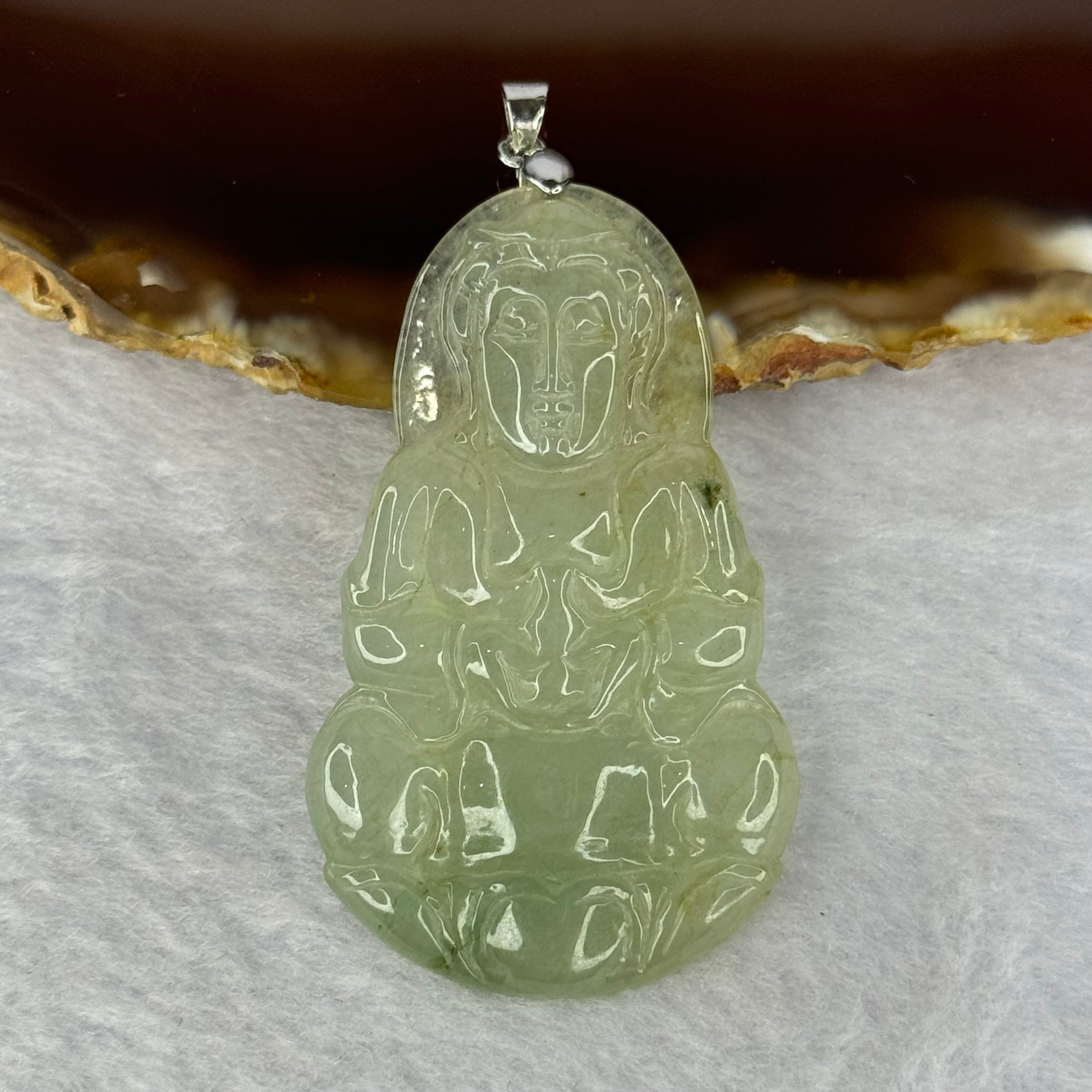 Type A Semi ICY Yellowish Green Jadeite Guan Yin Pendent 13.30g 49.1 by 29.7 by 5.1mm