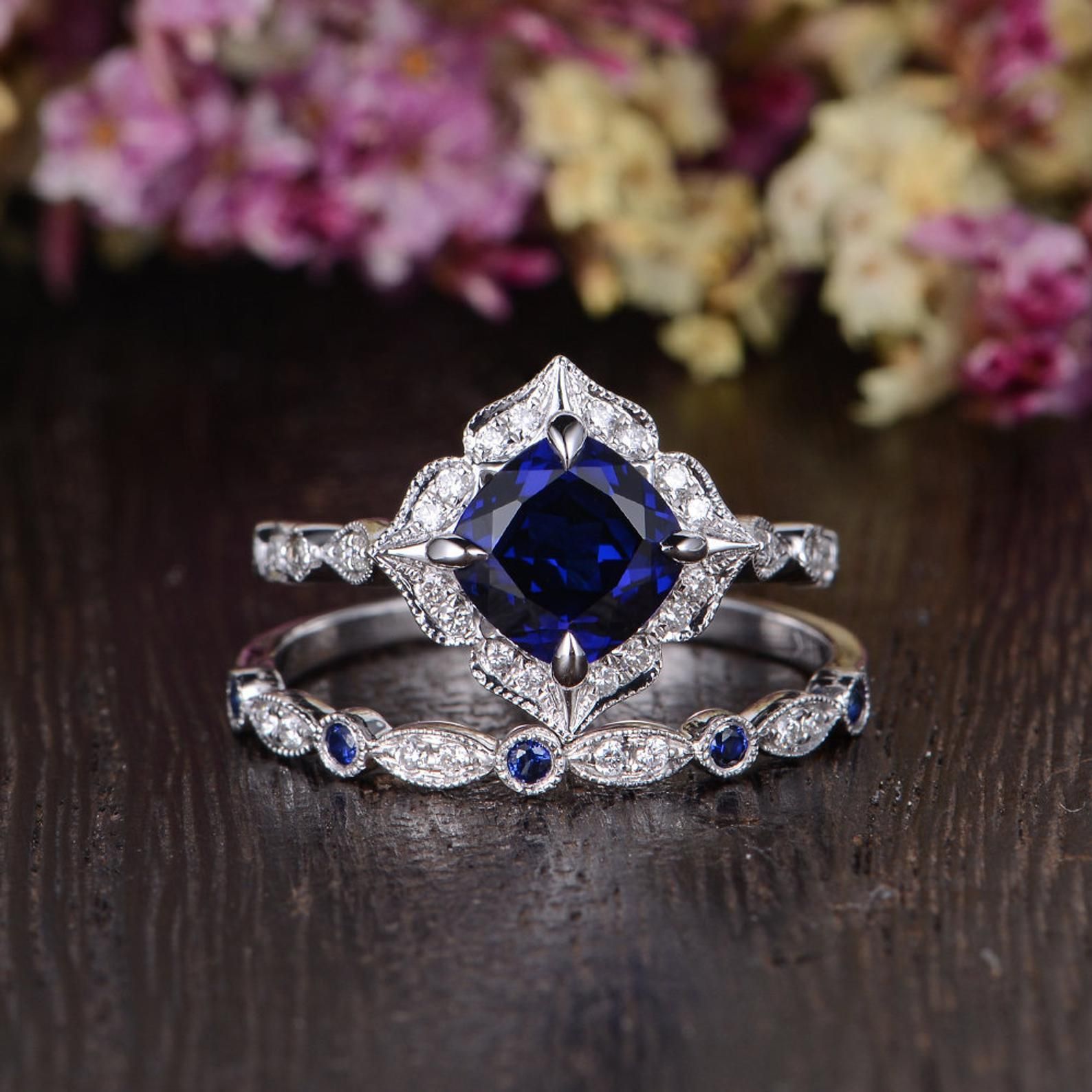 Mens Wedding Bands Sydney Lab Created Blue Sapphire Engagement Ring, Art Deco Vintage Design, Cushion Cut