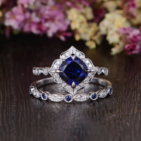 Mens Wedding Bands Sydney Lab Created Blue Sapphire Engagement Ring, Art Deco Vintage Design, Cushion Cut