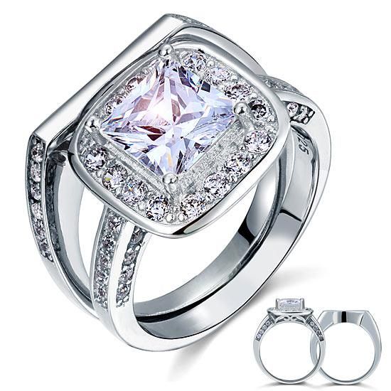 2.00ct Princess Cut Diamond Halo Bridal Ring Set, 925 Sterling Silver