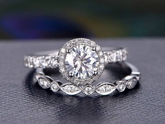 White Gold Wedding Band Australia  Round Cut Moissanite Engagement Ring Set, Vintage Style Band