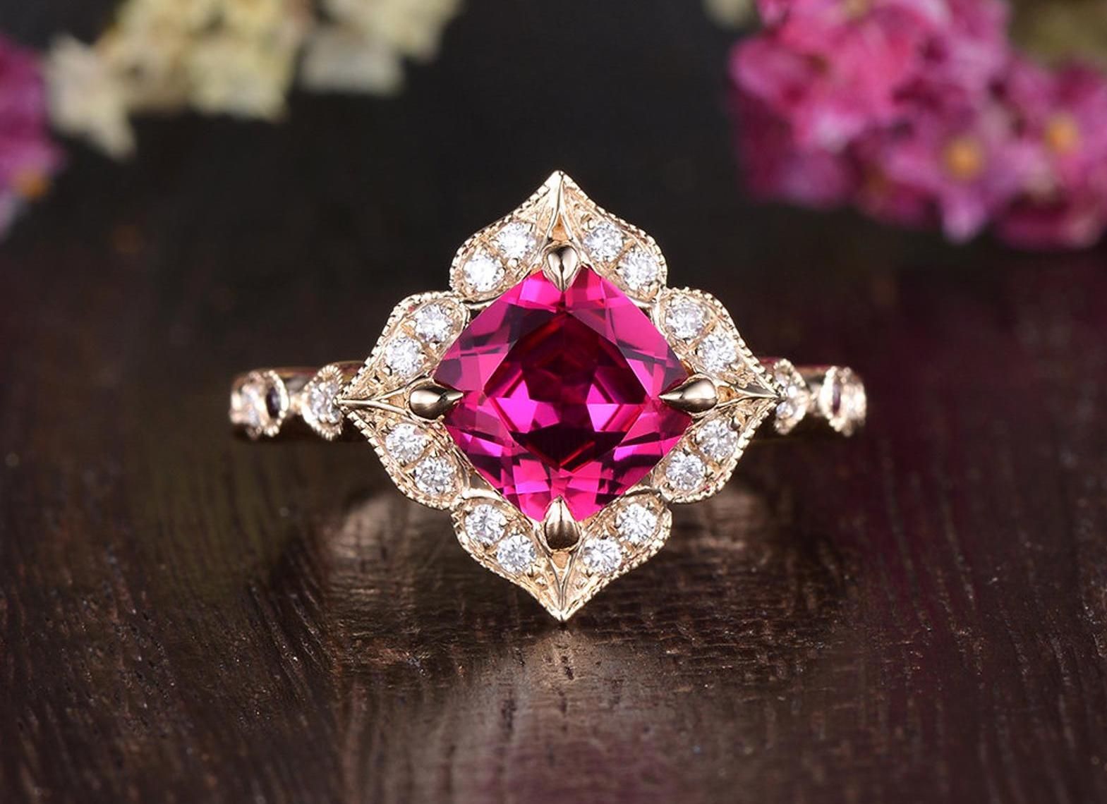 Affordable Wedding Rings Australia  Lab Created Ruby Engagement Ring, Art Deco Vintage Design, Cushion Cut