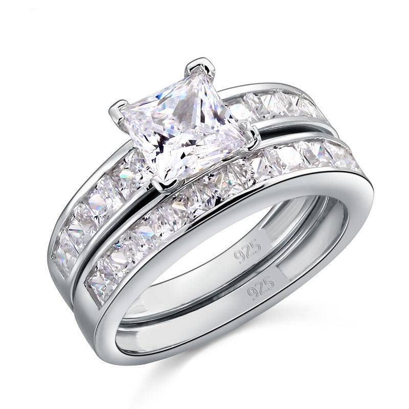 Wedding Ring Sets Australia   1.00ct Classic Princess Cut Diamond Ring, Bridal Ring Set, 925 Sterling Silver