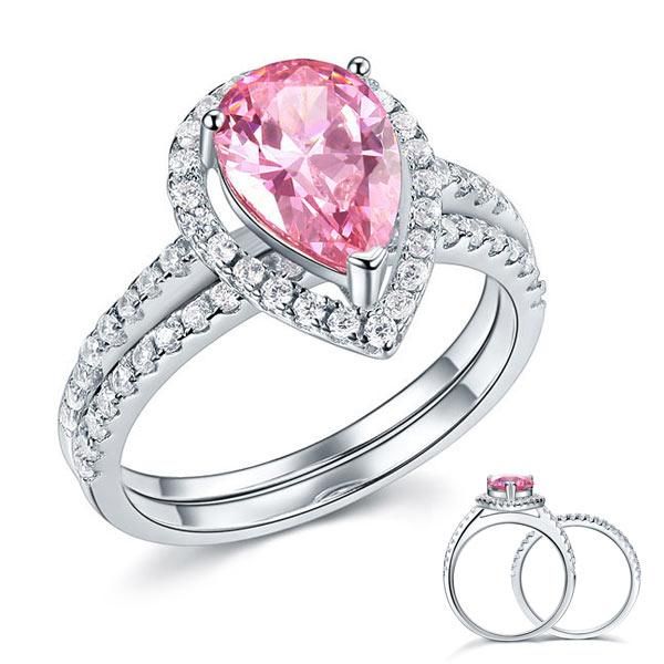 Auckland Wedding Rings  2.00ct Pear Cut Daimond Halo Ring, Fancy Pink Diamond, Bridal Ring Set