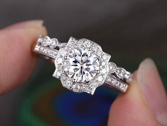 White Gold Wedding Band Australia  Round Cut Moissanite Engagement Ring Set