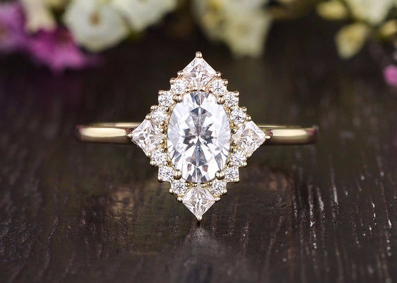 Customised Wedding Ring Singapore  Oval Cut Moissanite Engagement Ring, Unique Vintage Halo Design