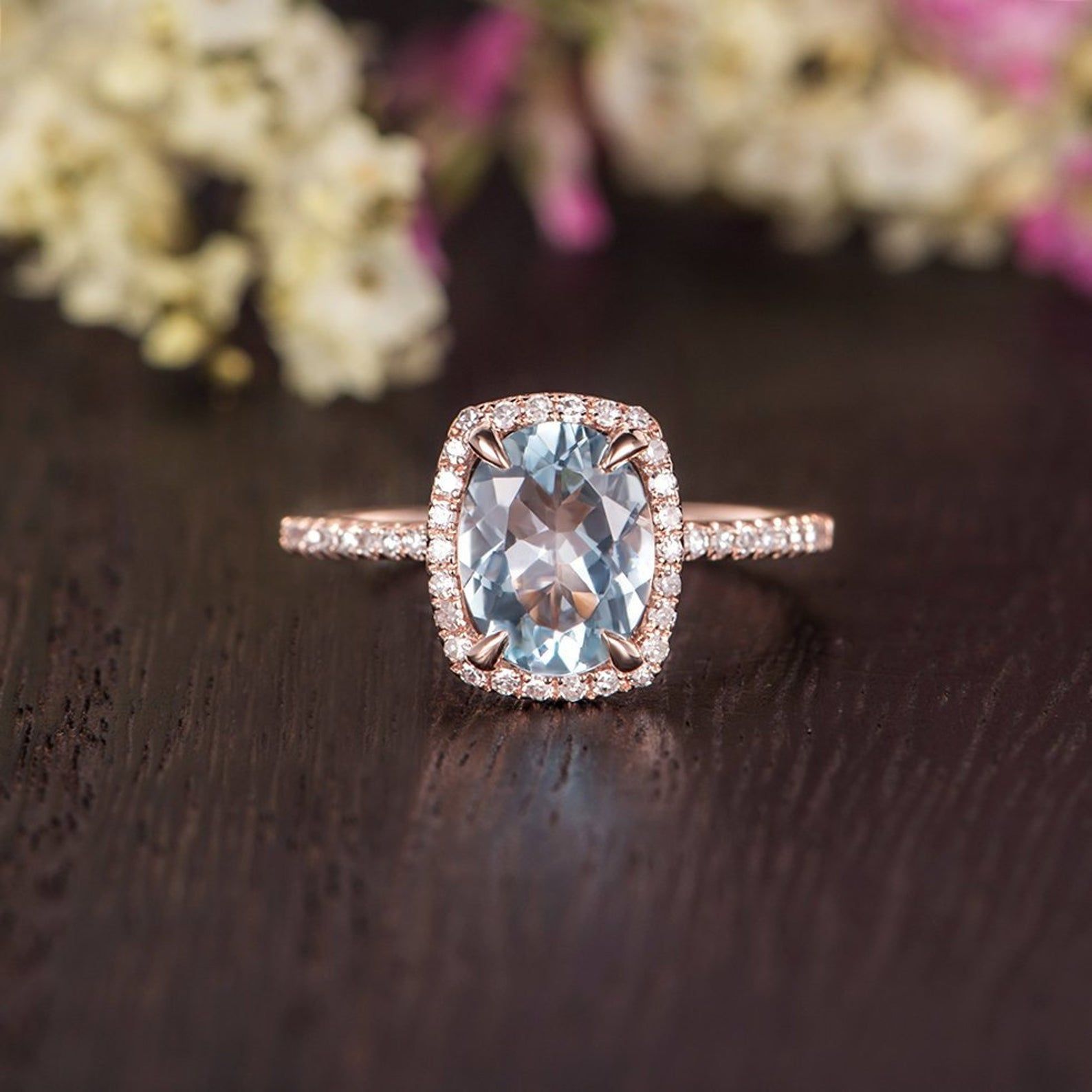 Women's Wedding Bands Australia  Aquamarine Oval Cut Halo Engagement Ring, Vintage Design