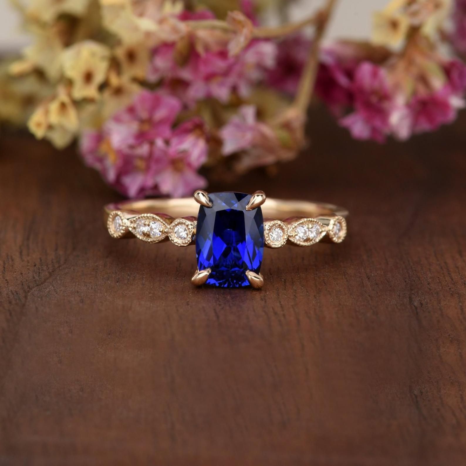 Mens Wedding Bands Sydney Lab Created Blue Sapphire Engagement Ring, Art Deco Vintage Design, Cushion Cut