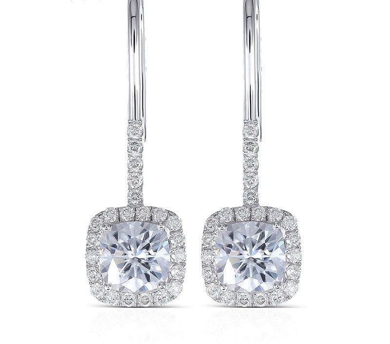 Wedding Ring Qatar Cushion Cut Moissanite Halo Earrings, Shepards Hook, Choose Your Stone Size and Metal