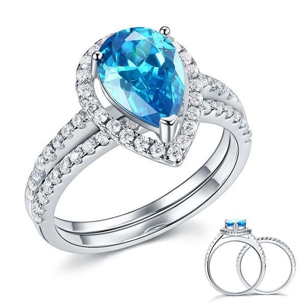 Auckland Wedding Rings  2.00ct Pear Cut Daimond Halo Ring, Fancy Blue Diamond, Bridal Ring Set