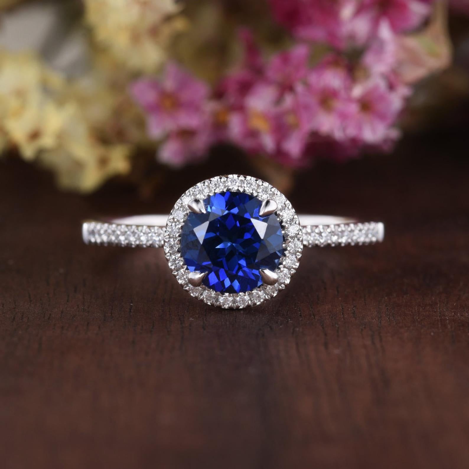 Affordable Wedding Rings Australia  Lab Created Blue Sapphire Halo Engagement Ring, Vintage Design, Round Cut