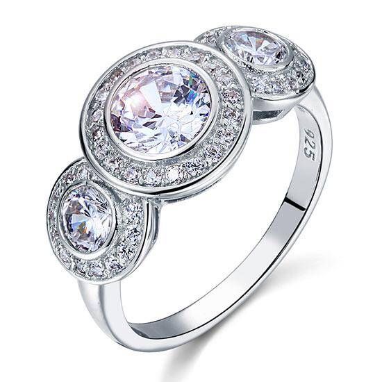 Diamond Wedding Rings Australia  2.50ct Art Deco 3 Stone Engagement Ring, Diamond Halo Surround, 925 Silver