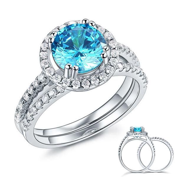 Saudi Gold Wedding Ring Price  2.00ct Blue Diamond Halo, Bridal Ring Set, 925 Silver