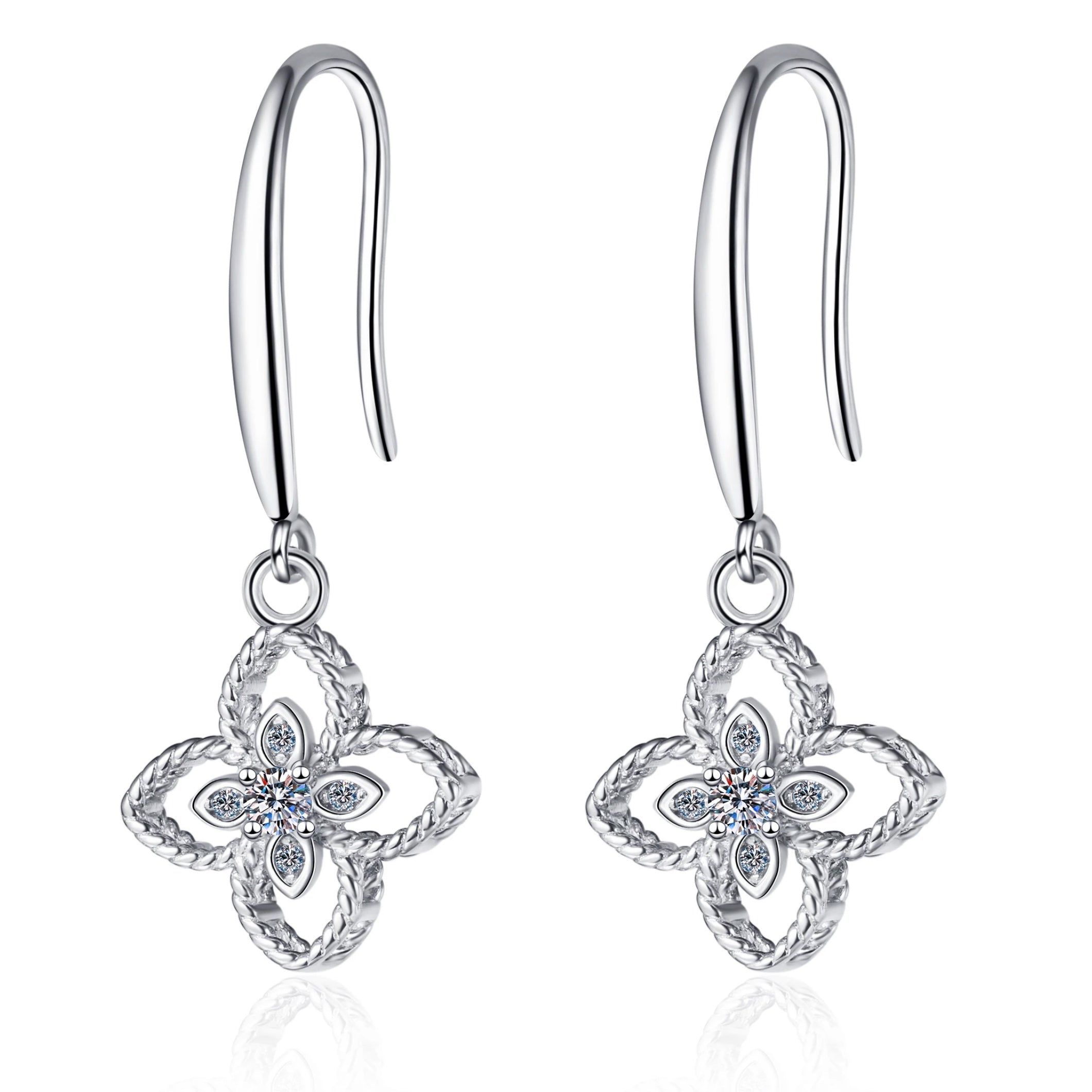 White Gold Engagement Rings Australia  Four Leaf Clover Drop Diamond Earrings, 925 Sterling Silver