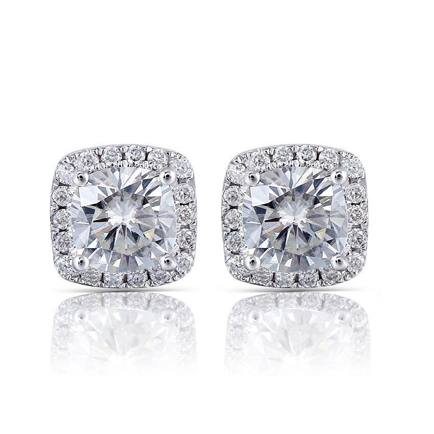 Wedding Ring Qatar Cushion Cut Moissanite Halo Earrings, Art Deco Design, Choose Your Stone Size and Metal