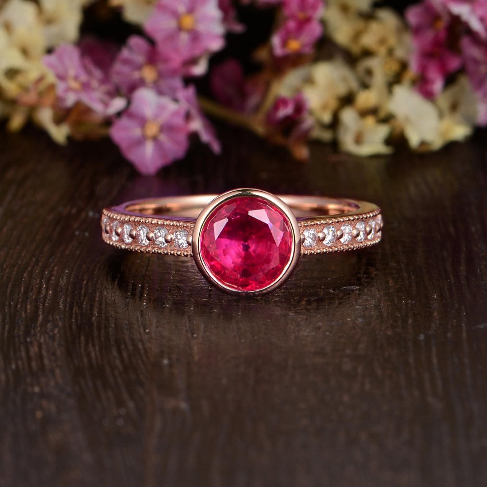 Rose Gold Engagement Rings Australia  Lab Created Ruby Halo Engagement Ring, Vintage Design, Round Cut