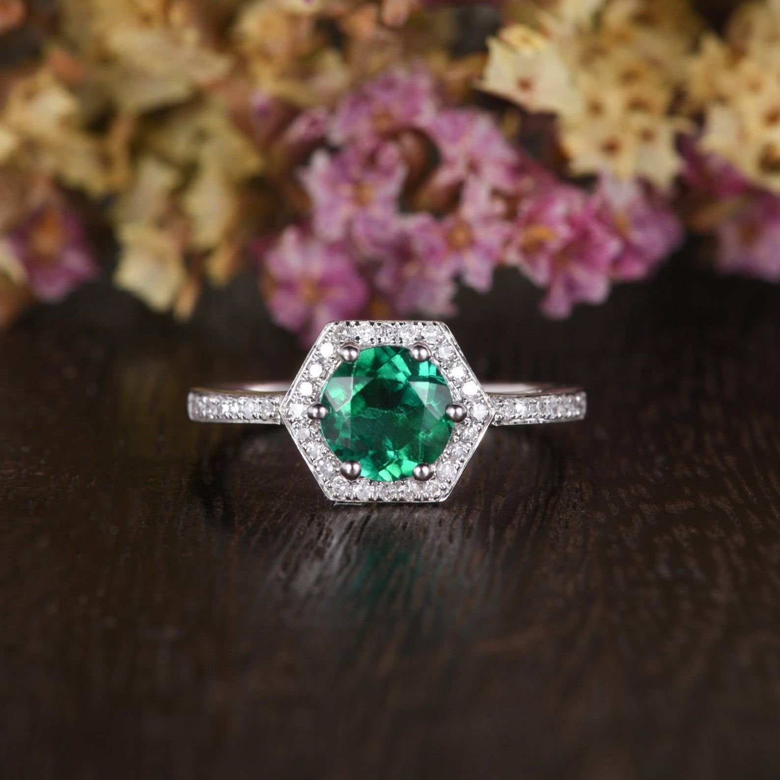 Engagement Rings Sg  Round Cut Lab Grown Emerald Engagement Ring, Vintage Design