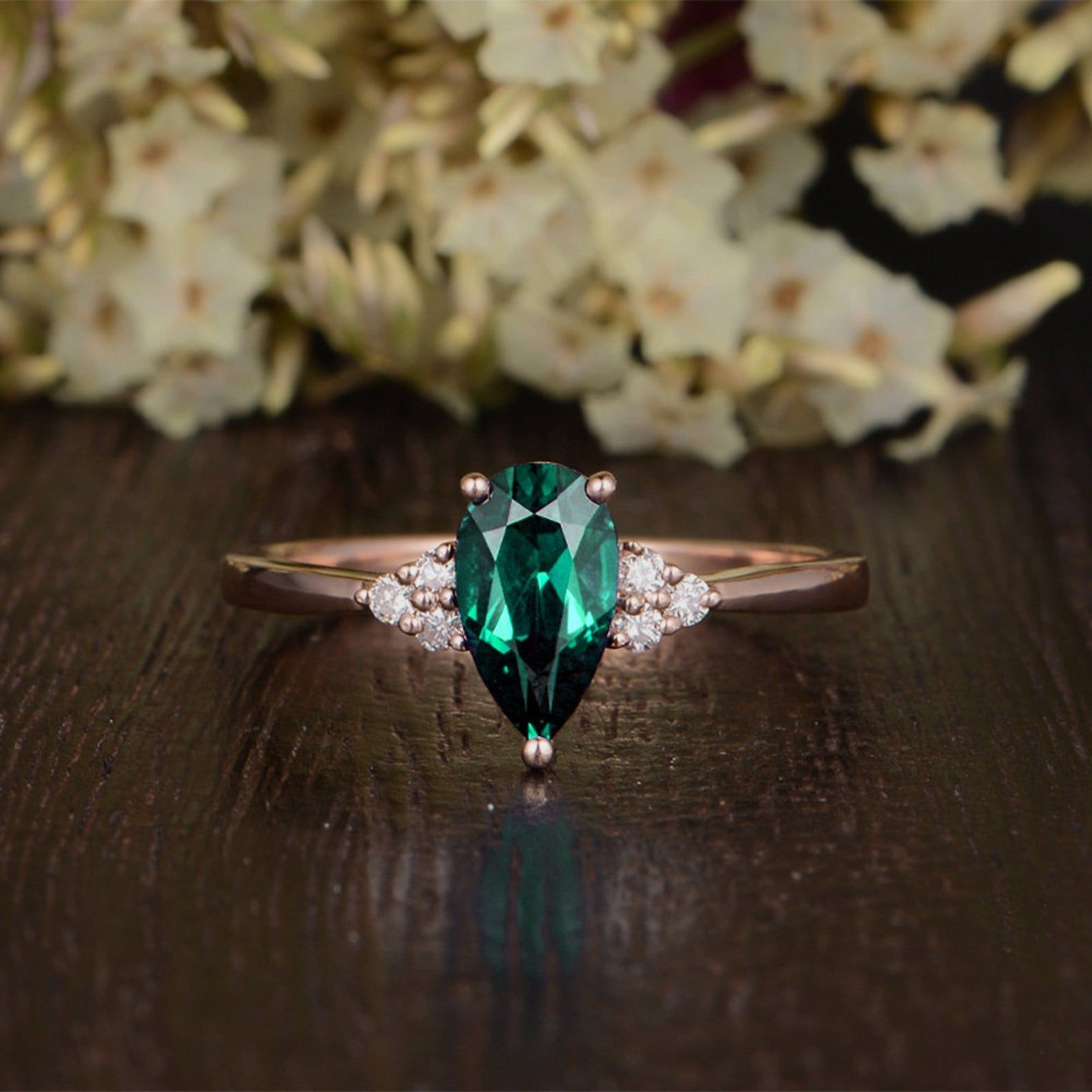 Bridal Earrings Singapore  Pear Cut Lab Grown Emerald Engagement Ring, Vintage Design