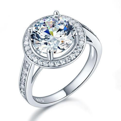 Affordable Engagement Rings Australia  3.50ct Diamond Halo Engagement Ring, Round Brilliant Cut, 925 Sterling Silver