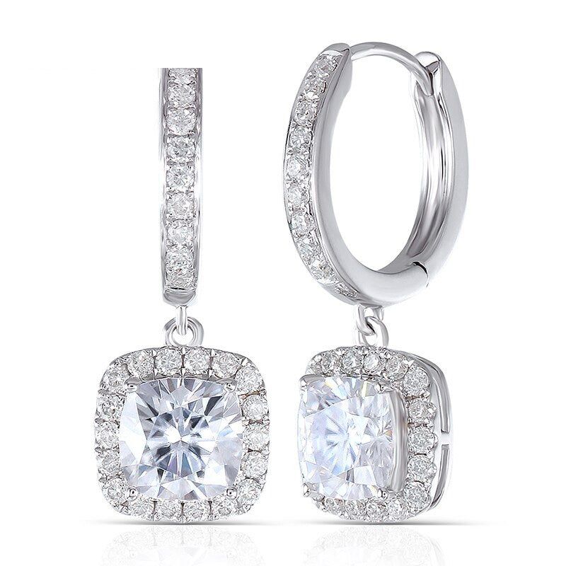 Affordable Wedding Bands Singapore  Cushion Cut Moissanite Halo Drop Earrings, Art Deco Design, Choose Your Stone Size and Metal