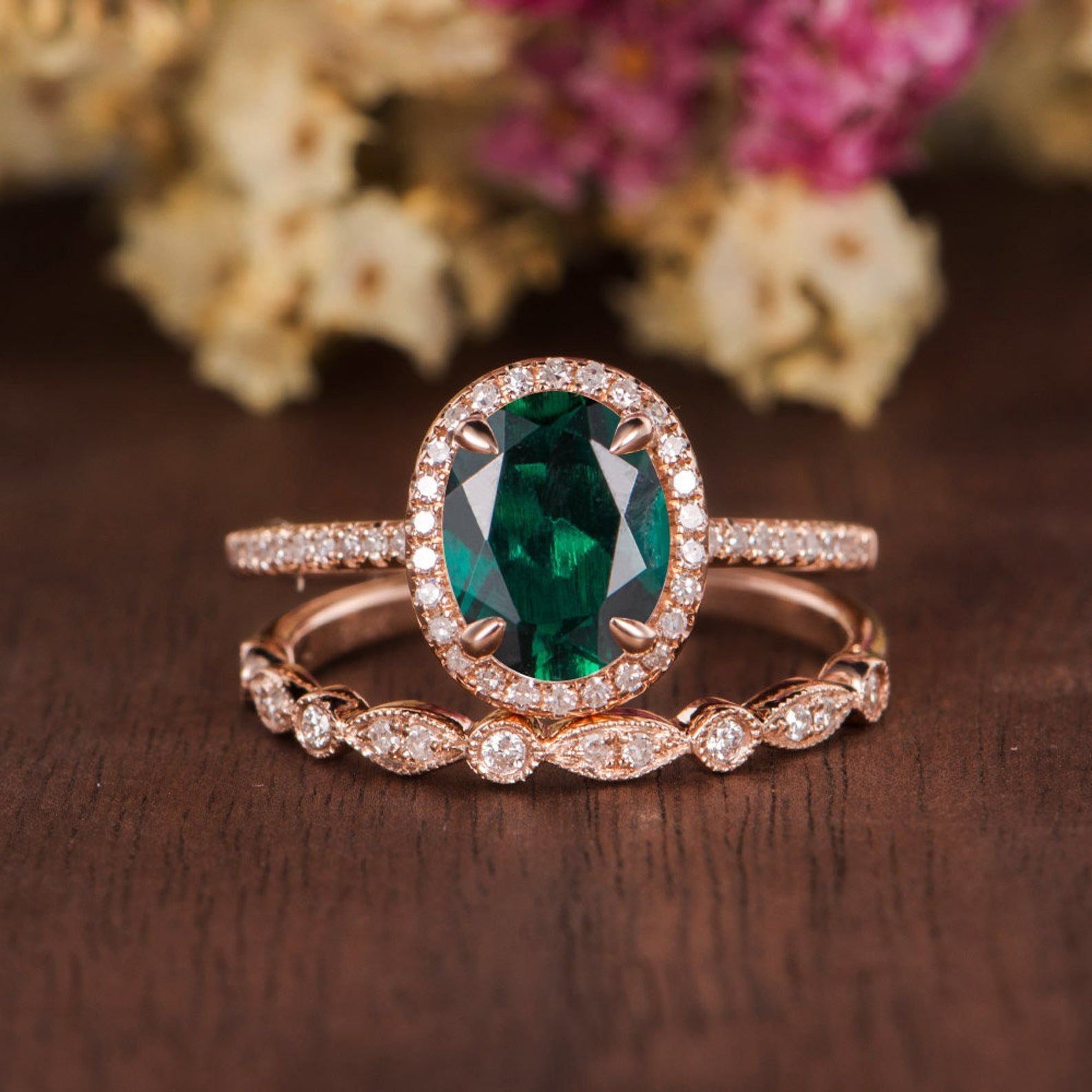 Gold Engagement Ring Singapore  Oval Cut Lab Grown Emerald Bridal Ring Set, Vintage Design