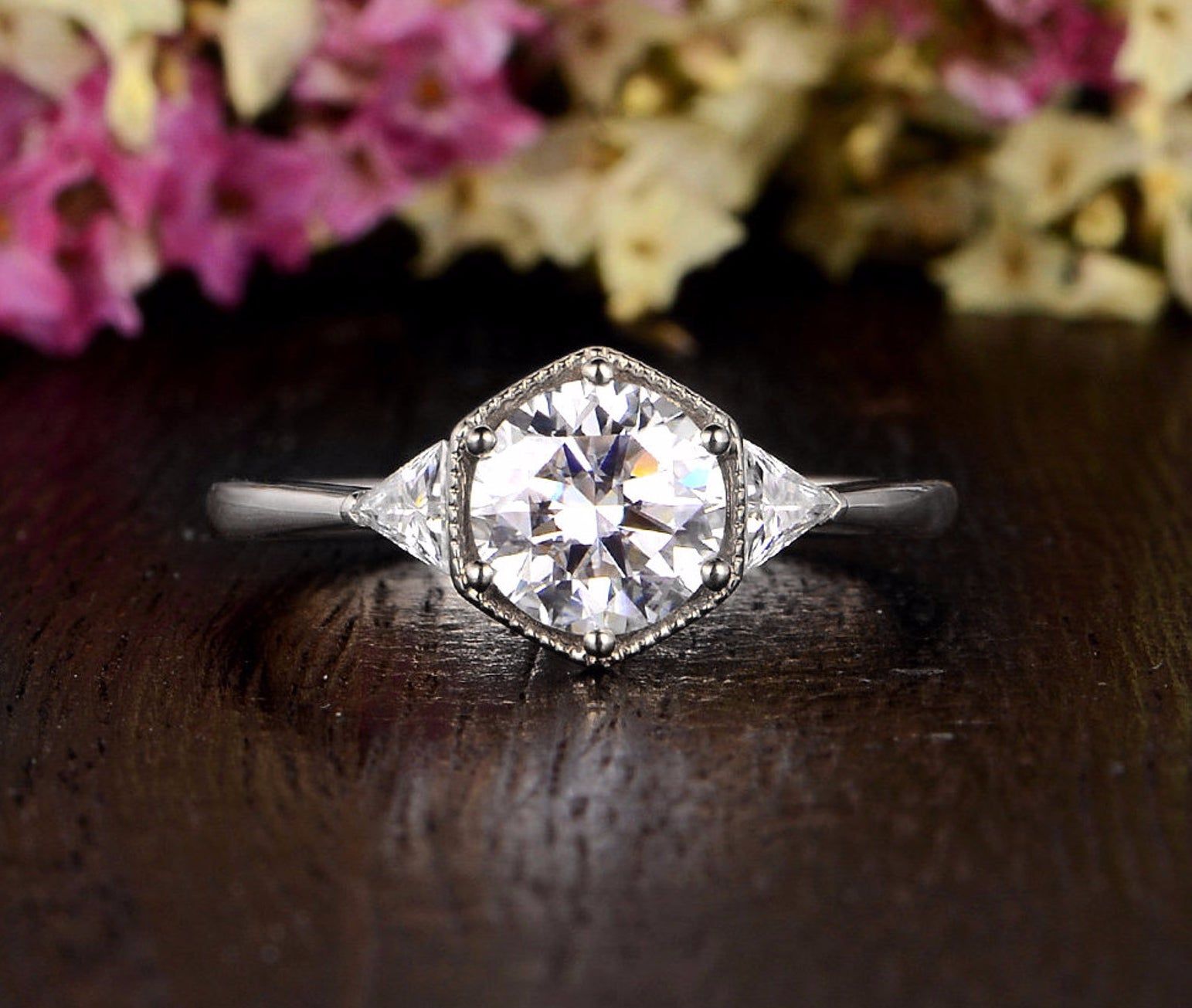 Diamond Band Ring Nz  Round Cut Moissanite Engagement Ring, Art Deco Trilogy Design