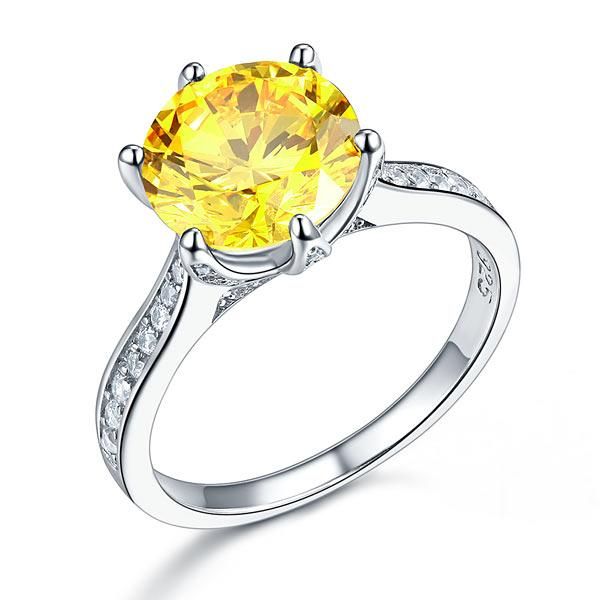 Mens Engagement Rings Nz  3.00ct Vivid Yellow Diamond Engagement Ring, Round Brilliant Cut, 925 Sterling Silver