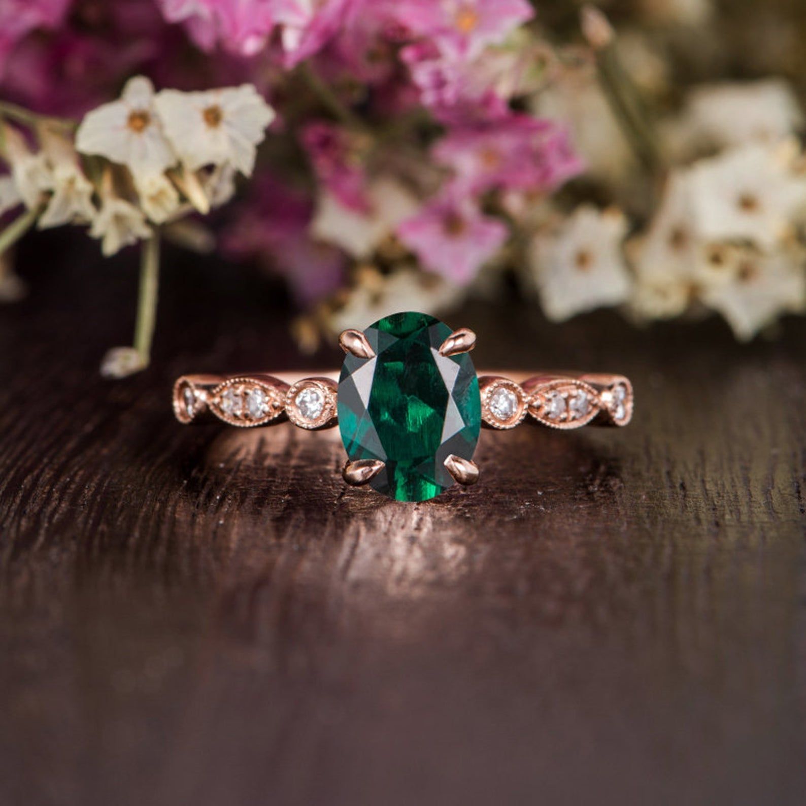 Gold Engagement Ring Singapore  Oval Cut Lab Grown Emerald Engagement Ring, Vintage Design