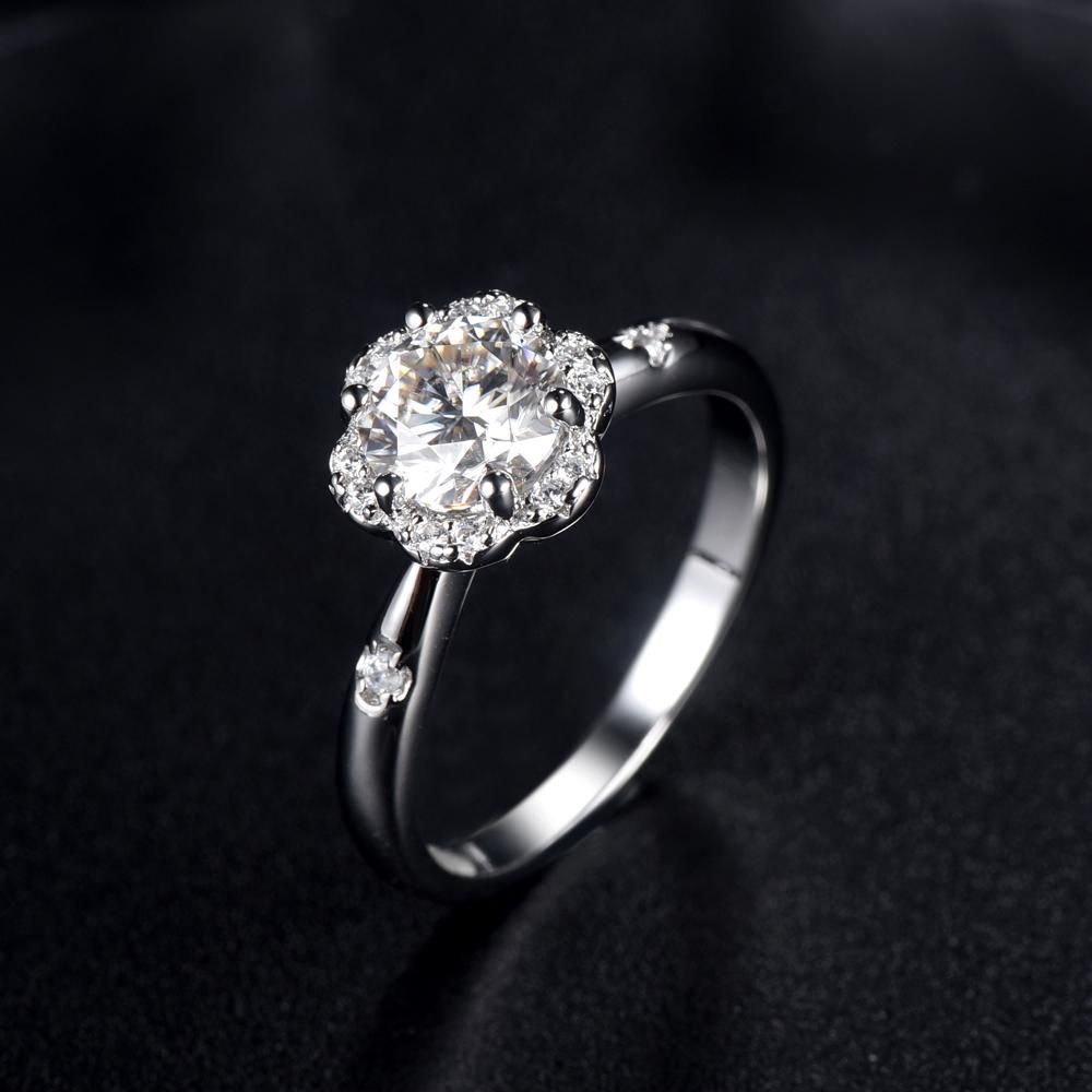 Wedding Ring Singapore   1.00ct Moissanite Engagement Ring, Daisy Halo Design, Sterling Silver &amp; Platinum