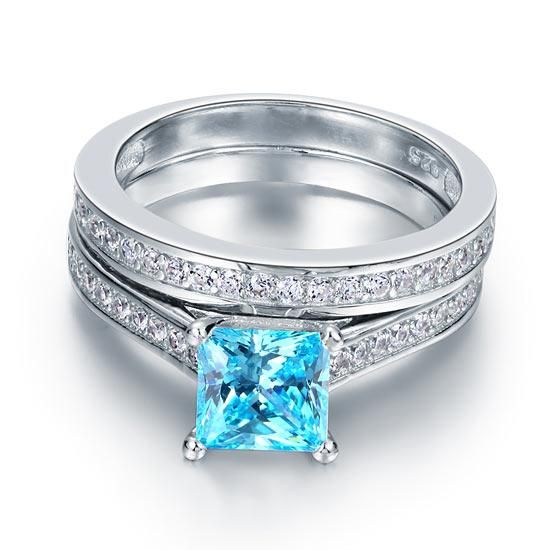 Non Traditional Engagement Rings Australia  1.50ct Princess Cut Blue Diamond Bridal Set, 925 Sterling Silver