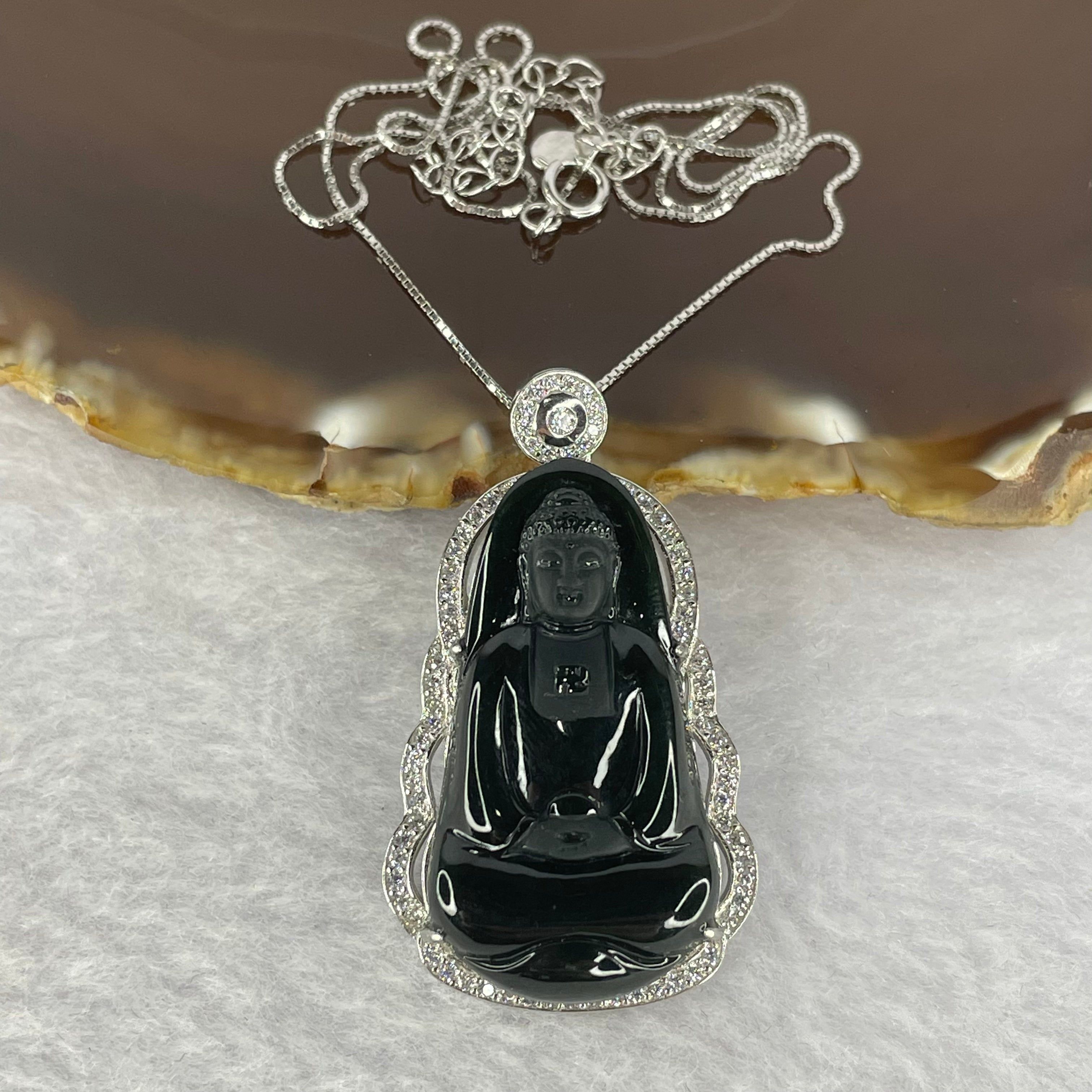 Type A Semi Translucent Very Dark Green to Black Jadeite Buddha in 925 Silver Necklace with Crystals 11.6g by 34.6 by 19.0 by 8.4mm