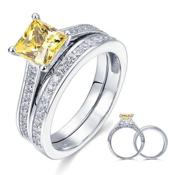 Platinum Wedding Band Singapore  1.50ct Princess Cut Yellow Diamond Bridal Set