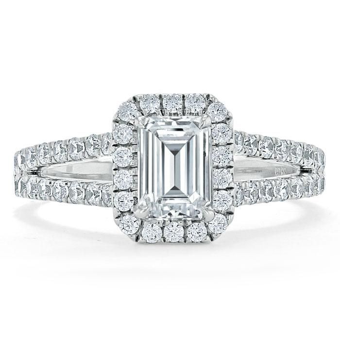 Tungsten Wedding Rings Australia  Emerald Cut Moissanite Engagement Ring, Classic Halo with Split Shank