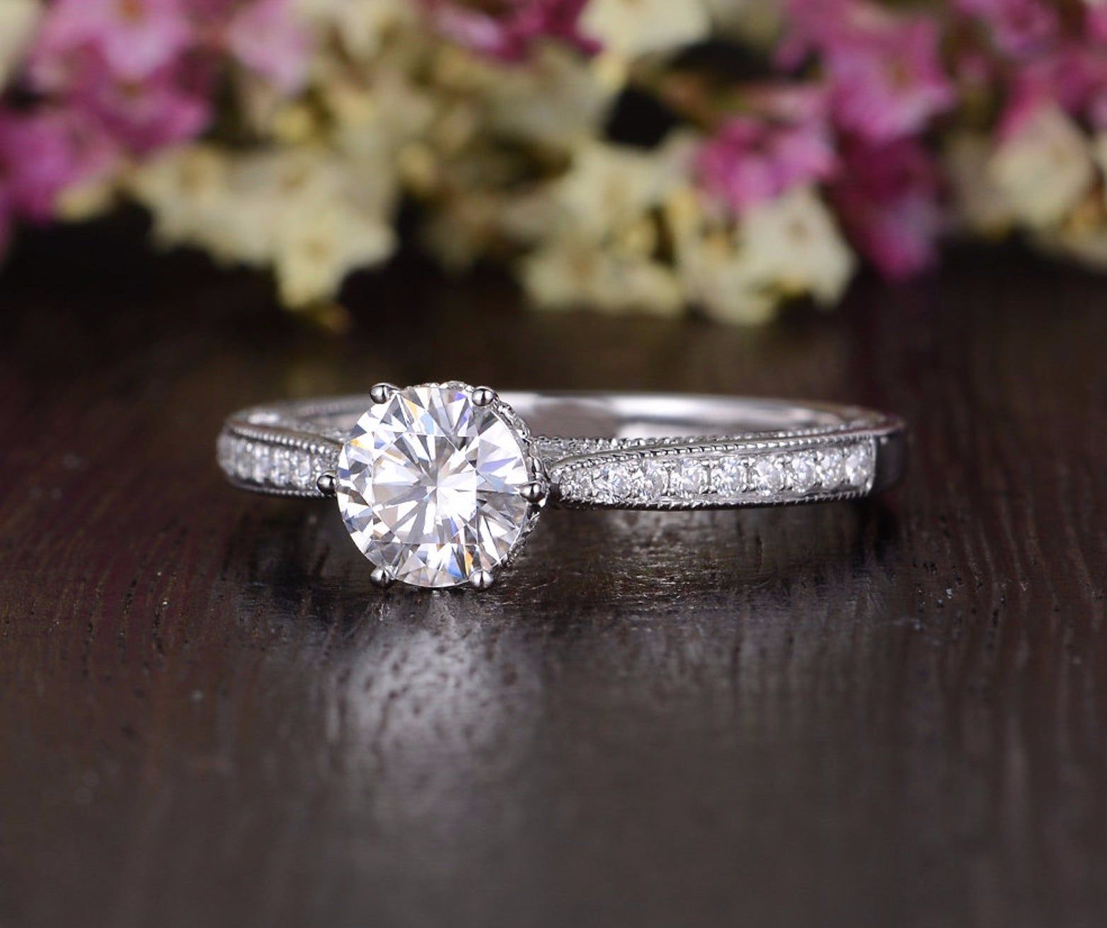 Best Engagement Rings Adelaide  Round Cut Moissanite Engagement Ring, Unique Vintage Design