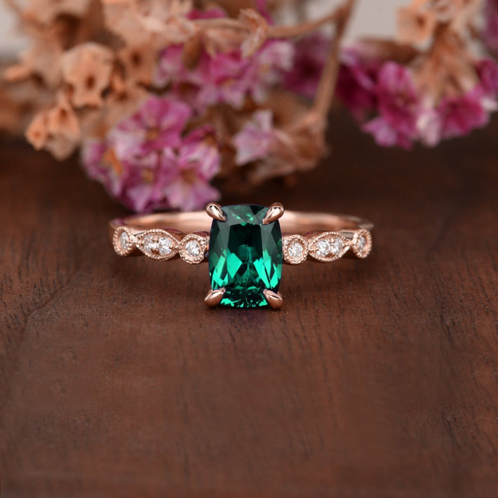 Wedding Jewellery Australia  Cushion Cut Lab Grown Emerald Engagement Ring, Vintage Design