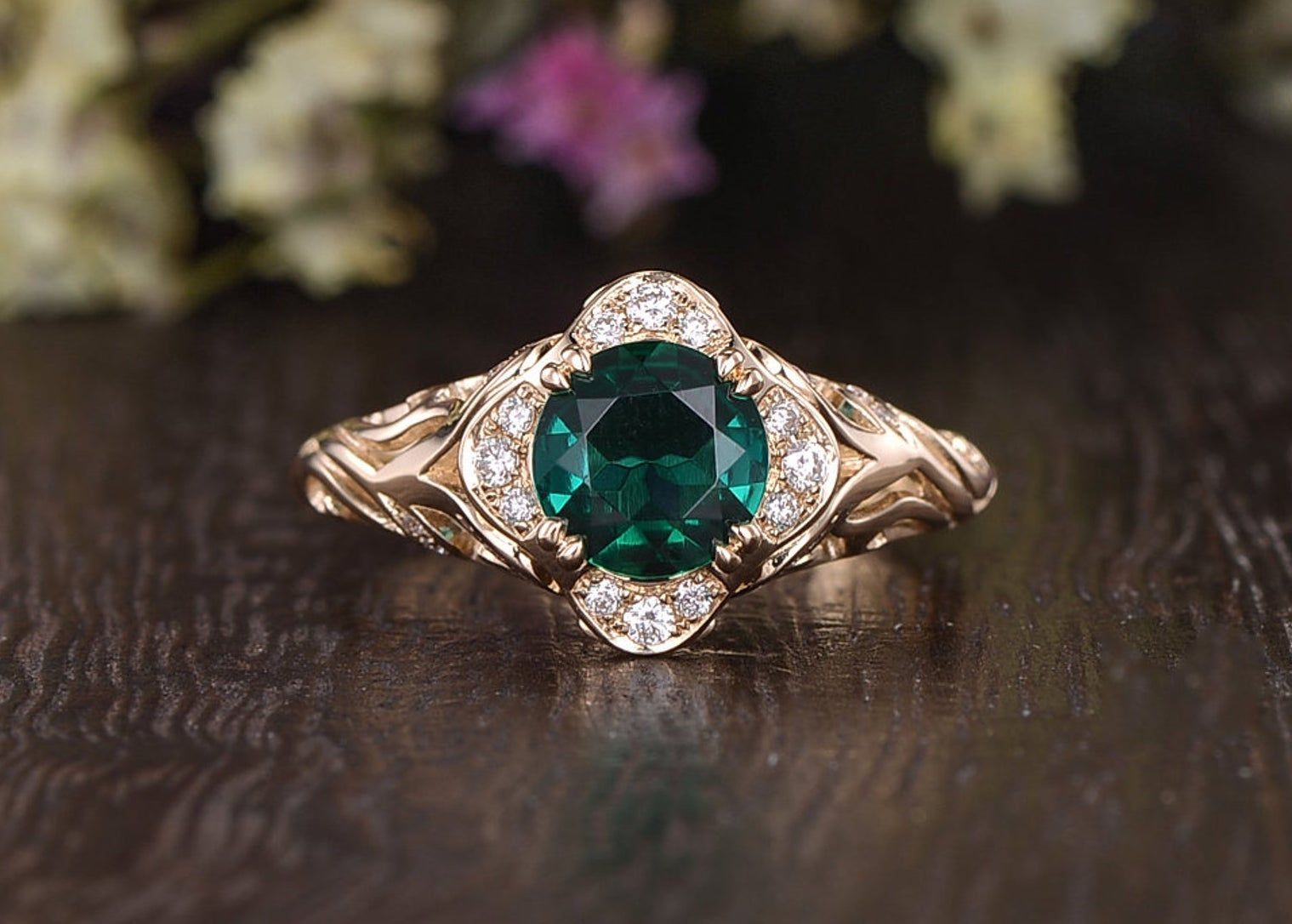 Engagement Rings Sg  Round Cut Lab Grown Emerald Engagement Ring, Vintage Design