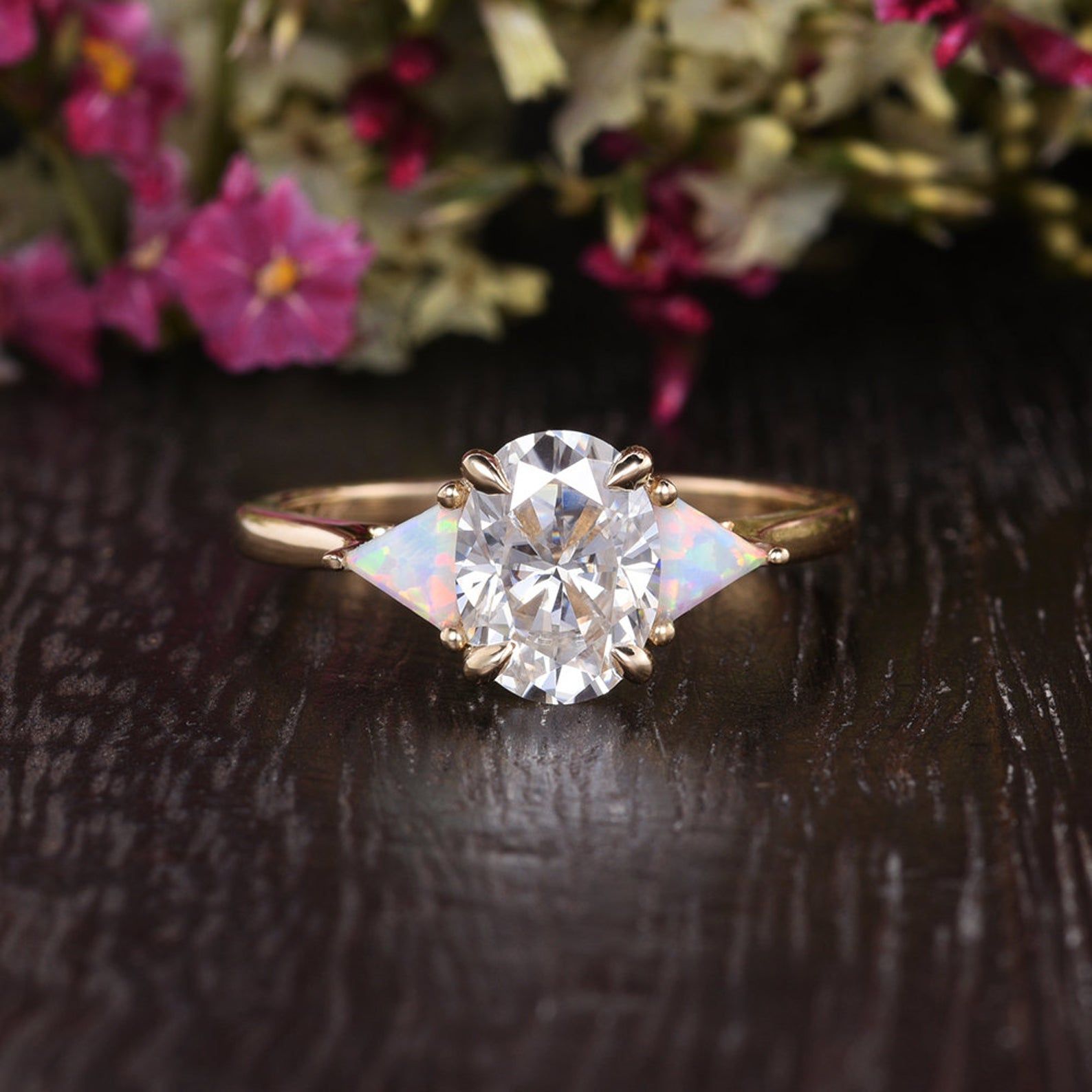 Engagement Rings Online Australia  Oval Cut Moissanite &amp; Opal Engagement Ring, Edwardian Design