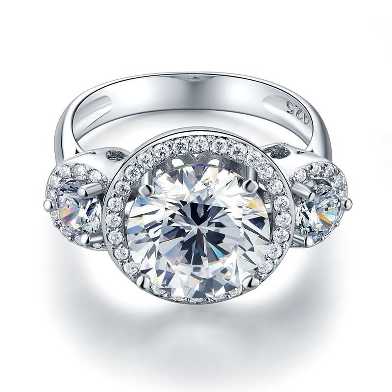 Engagement Rings In Kuwait  4.00ct Diamond Halo 3 Stone Engagement Ring, Round Brilliant Cut, 925 Silver