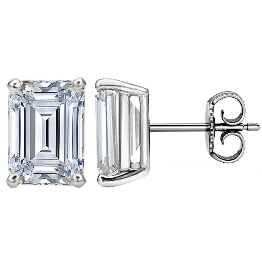 Affordable Wedding Ring Singapore  Classic Emerald Cut Diamond Stud Earrings, 925 Sterling Silver, Choose Your Stone Size and Metal