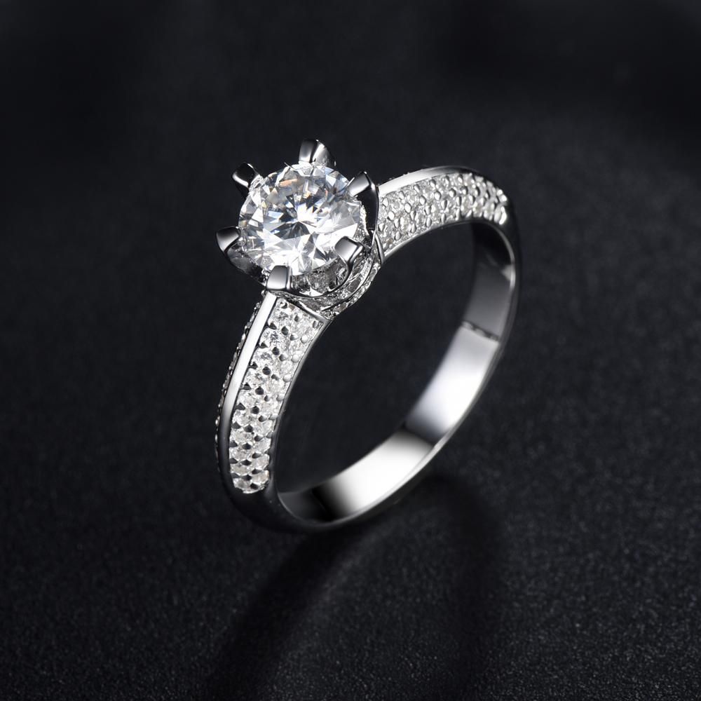 Wedding Ring Singapore   1.00ct Moissanite Engagement Ring, Double Row Stone Set Shoulders, Sterling Silver &amp; Platinum