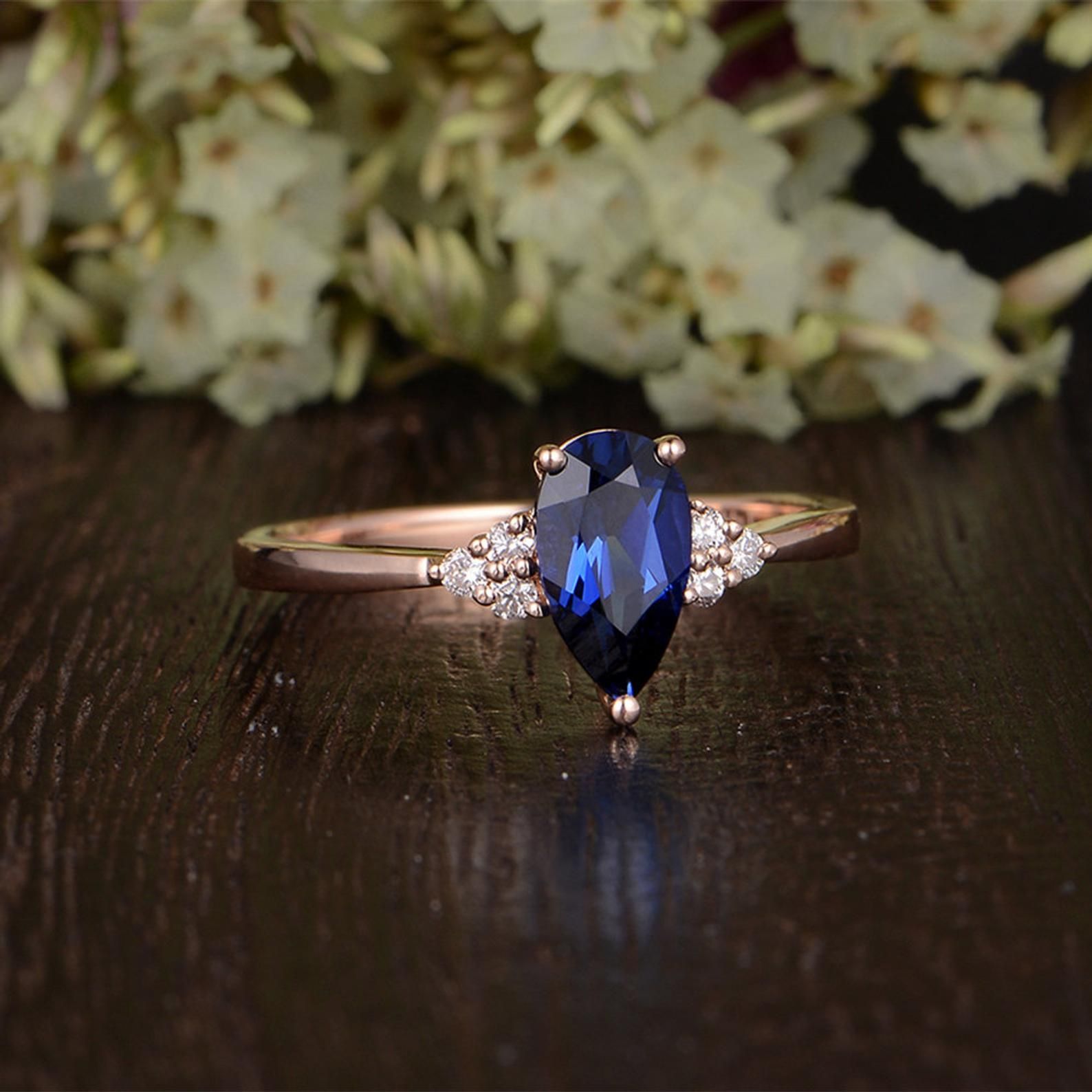 Affordable Wedding Rings Australia  Lab Created Blue Sapphire Ring, Art Deco Vintage Design, Pear Cut