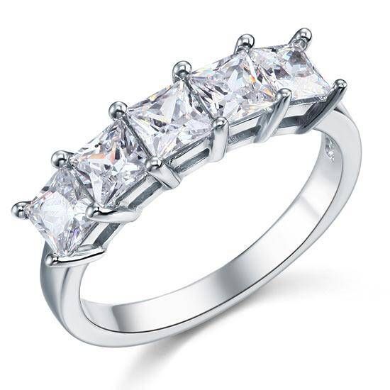 Platinum Wedding Ring Singapore  1.25ct 5 Stone Princess Cut, Half Eternity Diamond Ring, 925 Sterling Silver