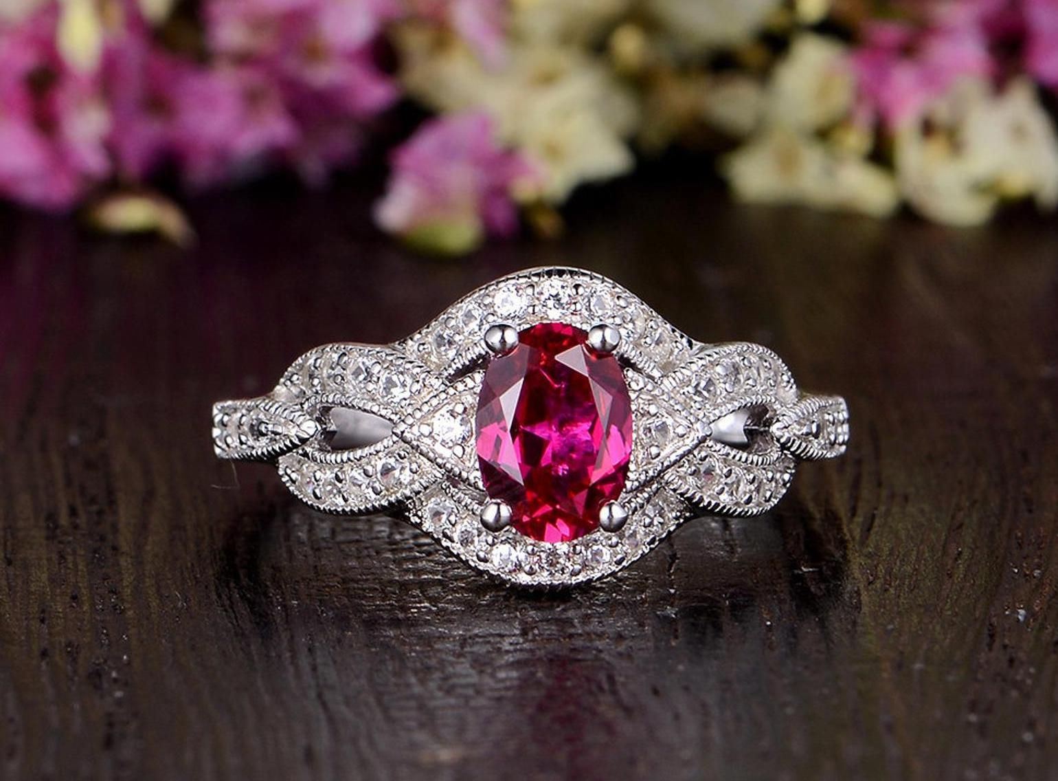 Affordable Wedding Rings Australia  Lab Created Ruby Engagement Ring, Art Deco Vintage Design, Oval Cut