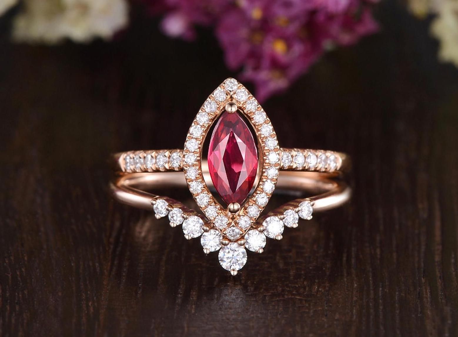 Affordable Wedding Rings Australia  Lab Created Ruby Engagement Ring, Art Deco Vintage Design, Marquise Cut