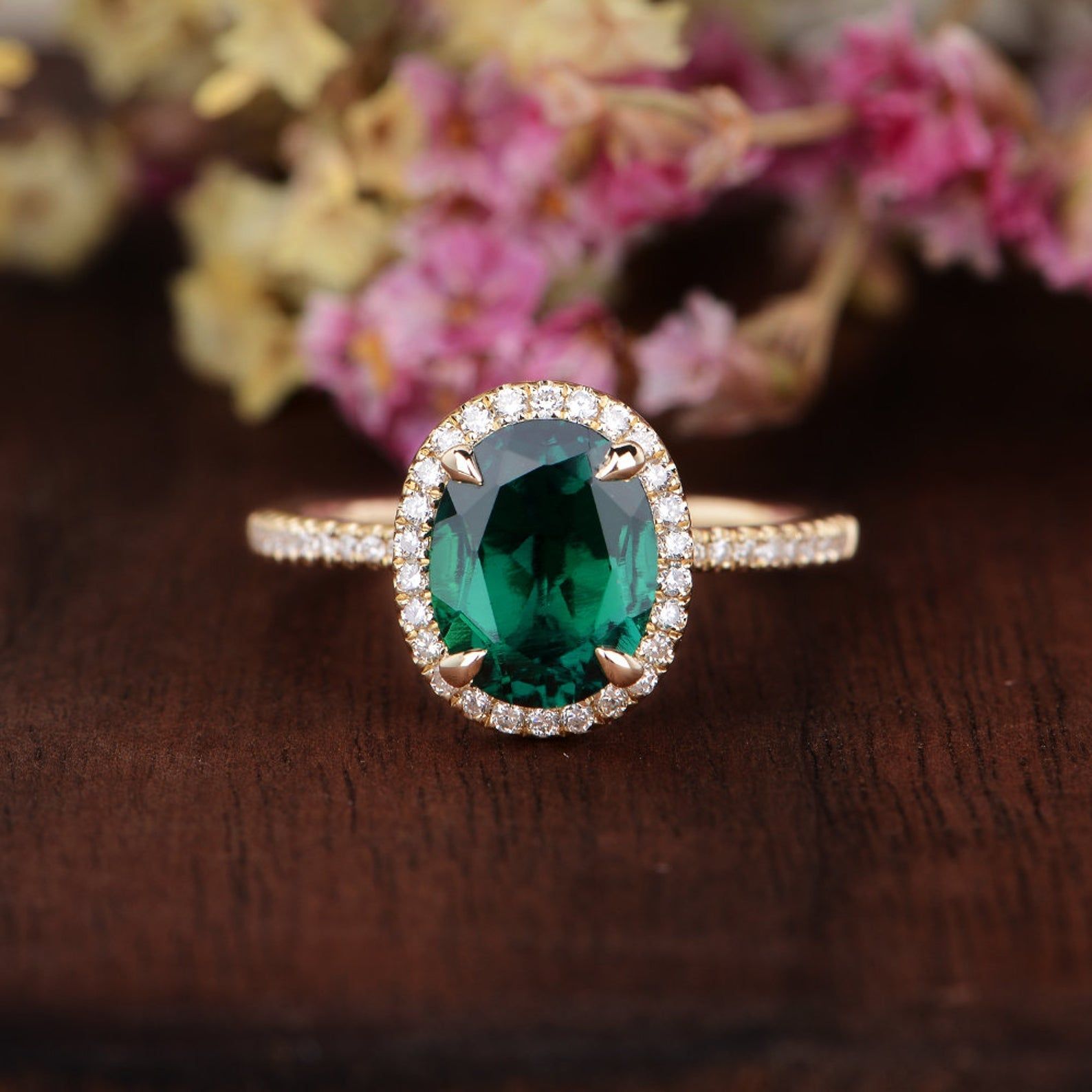 Gold Engagement Ring Singapore  Oval Cut Lab Grown Emerald Engagement Ring, Vintage Design