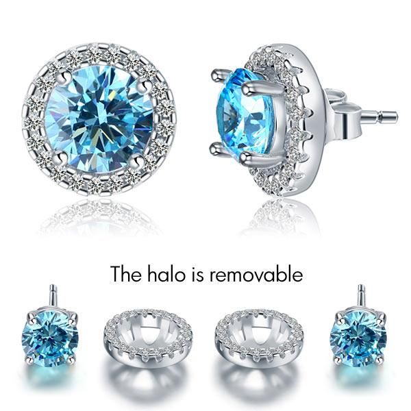 Unique Wedding Bands Australia   1.25ct each, Classic Blue Diamond Halo Stud Earrings, Round cut, 925 Sterling Silver