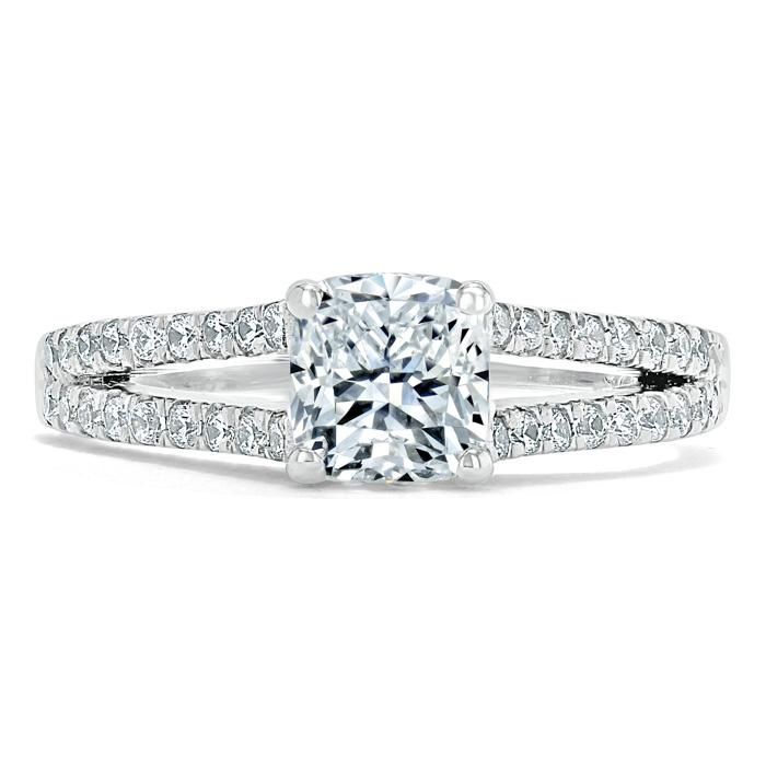 Affordable Wedding Bands Singapore  Cushion Cut Moissanite Engagement Ring, Split Shank